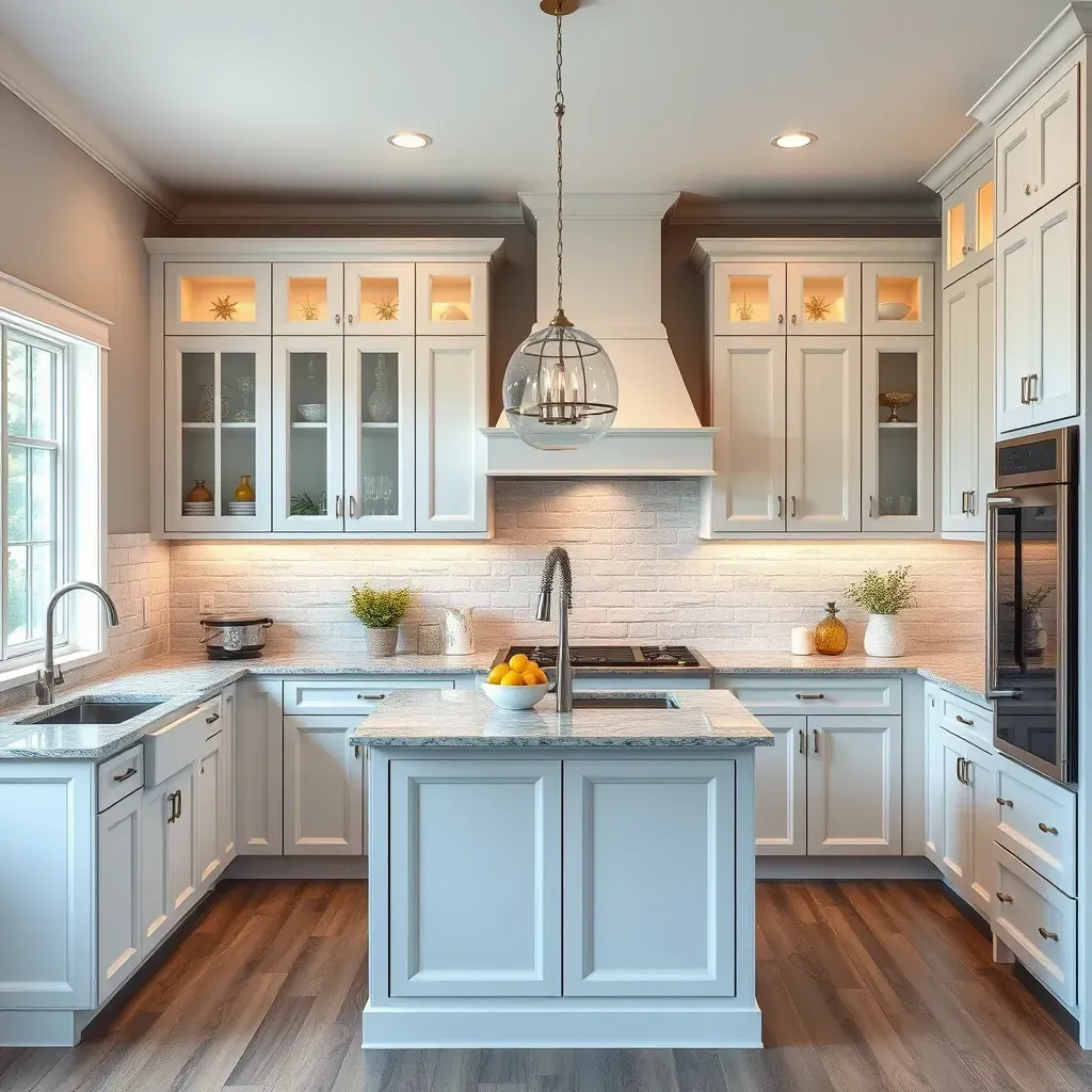 Modern Laurel, VA kitchen with sleek white cabinets, quartz countertops, stainless steel appliances, hardwood floors, and natural light.