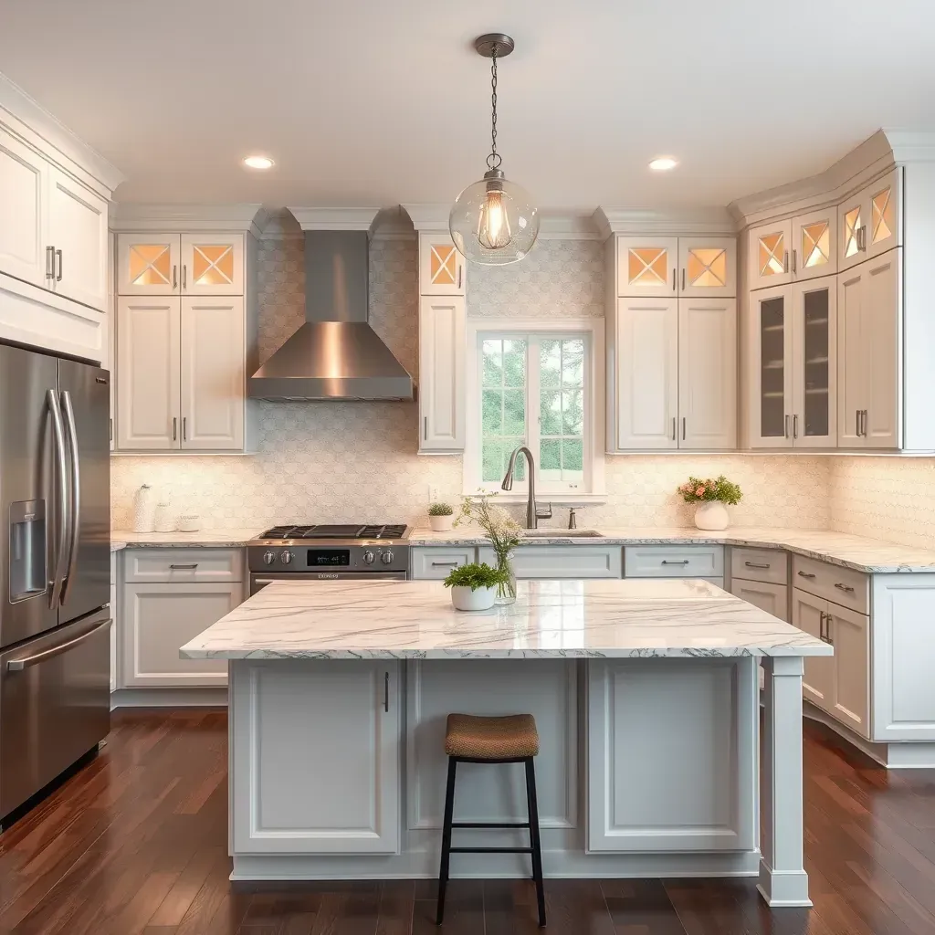 Modern cozy kitchen with high-end appliances, natural light, new cabinets, countertops, and warm rural Virginia decor.