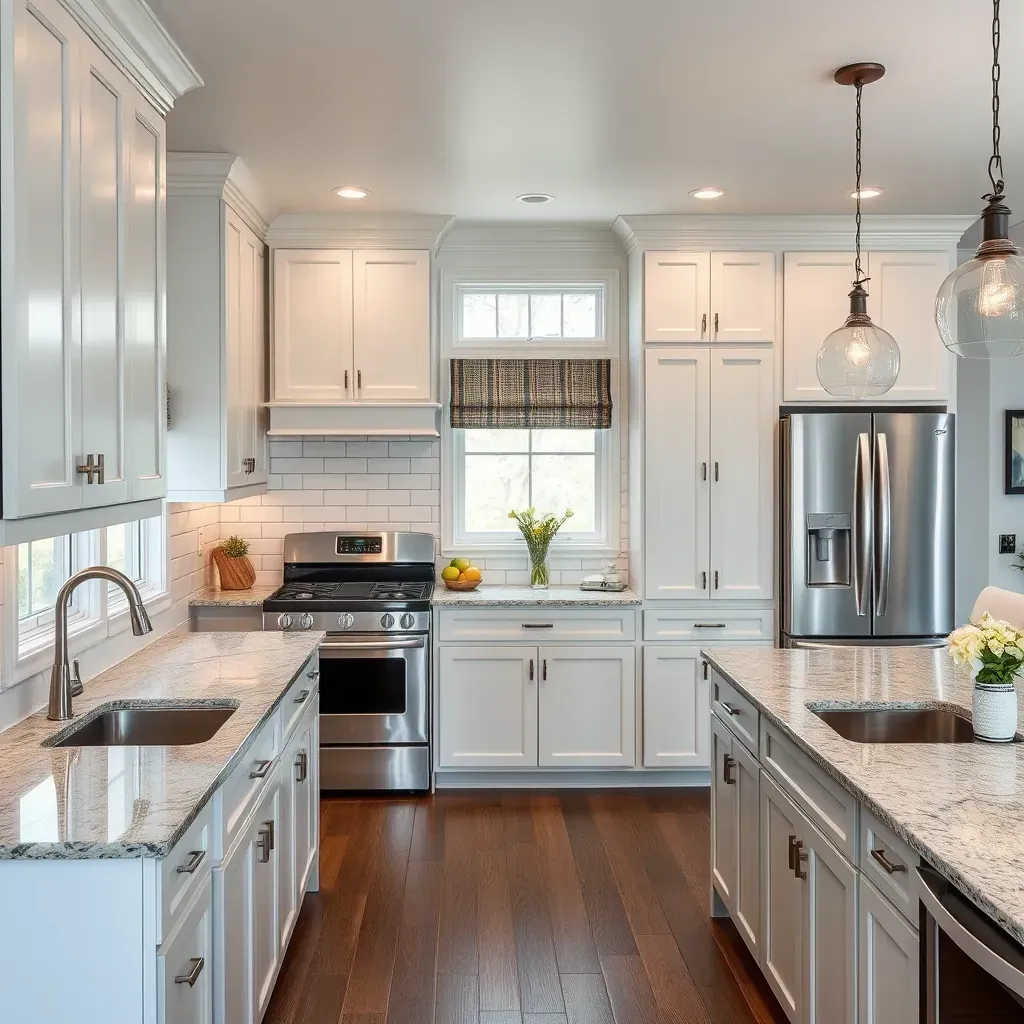 Modern Midlothian kitchen with cream cabinets, stainless steel appliances, quartz countertops, and a stylish island.