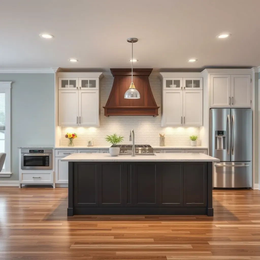 A modern kitchen remodel in Winterpock, VA featuring sleek countertops, contemporary cabinetry, and stylish lighting.