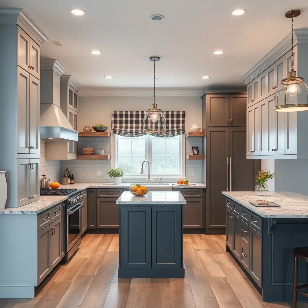 Modern remodeled kitchen in Varina, VA with navy blue and natural wood cabinets, quartz counters, and large windows.