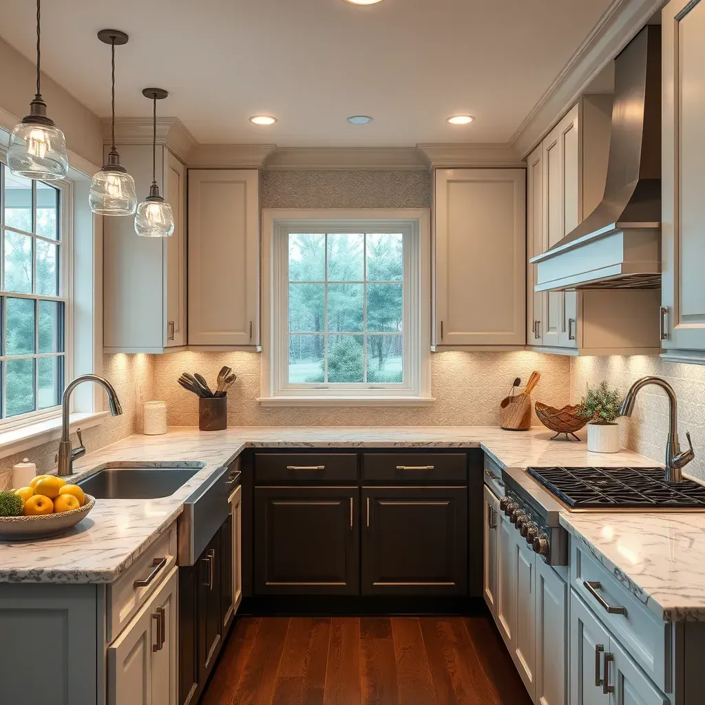 Modern Highlands, VA kitchen with wooden cabinetry, granite countertops, stainless appliances, island, and large windows.