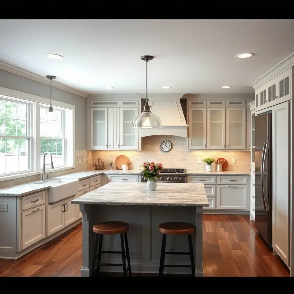 Modern Cottrell Farms kitchen with granite counters, stainless steel appliances, wood flooring, and natural light.