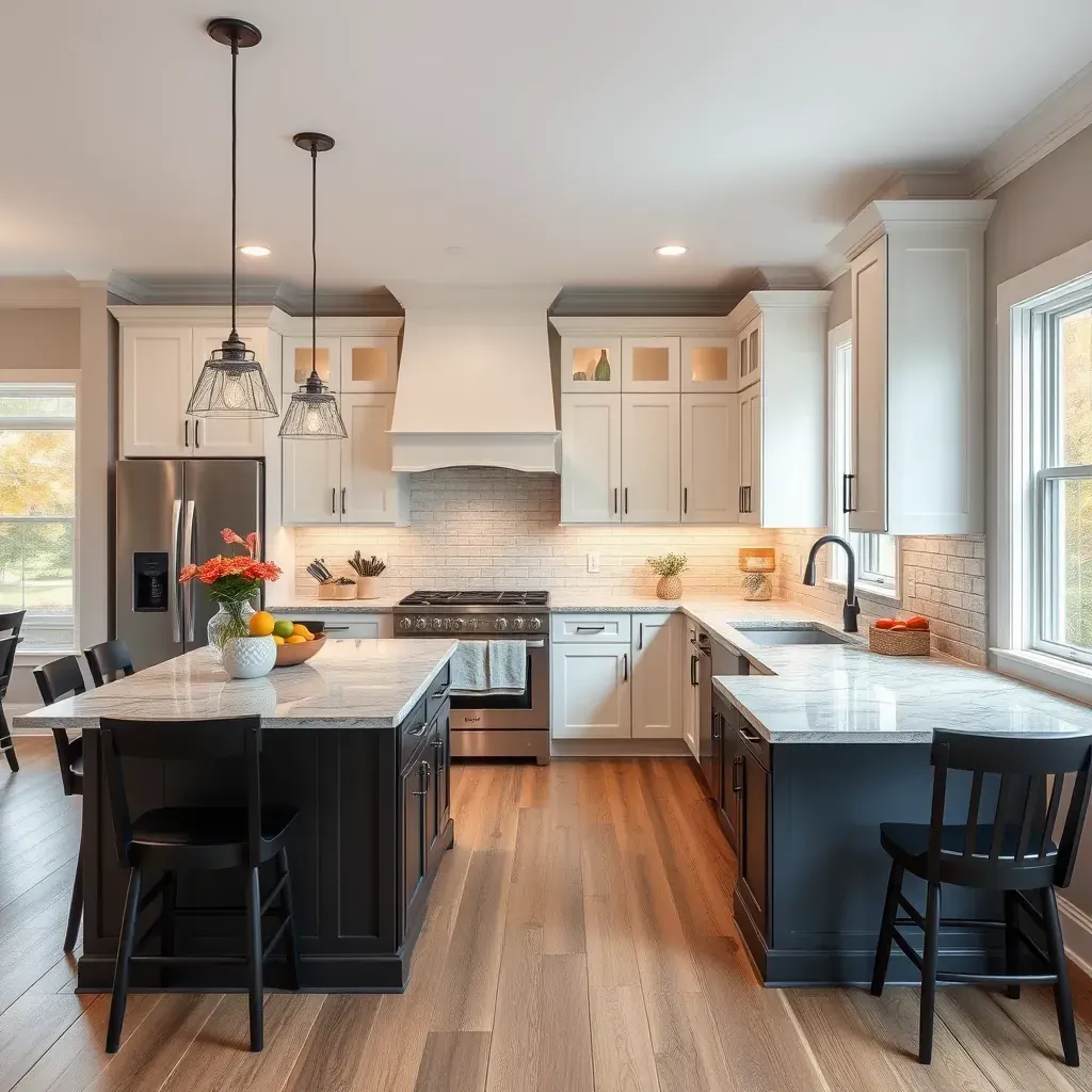 Modern autumn-inspired kitchen in Autumn Oaks, VA with wooden cabinets, quartz countertops, stainless appliances, and autumn foliage.