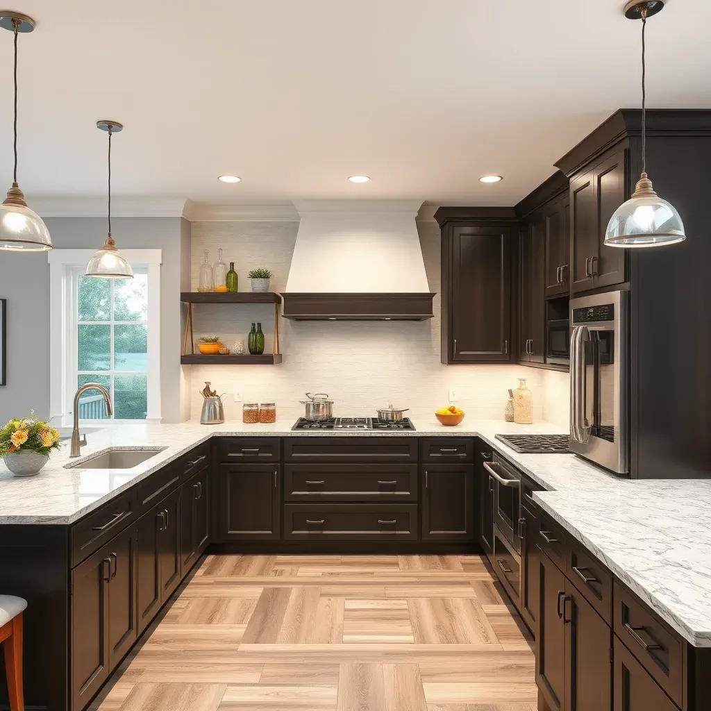 A modern kitchen in Lakeside, VA with sleek cabinets, granite countertops, stylish lighting, and stainless steel appliances.