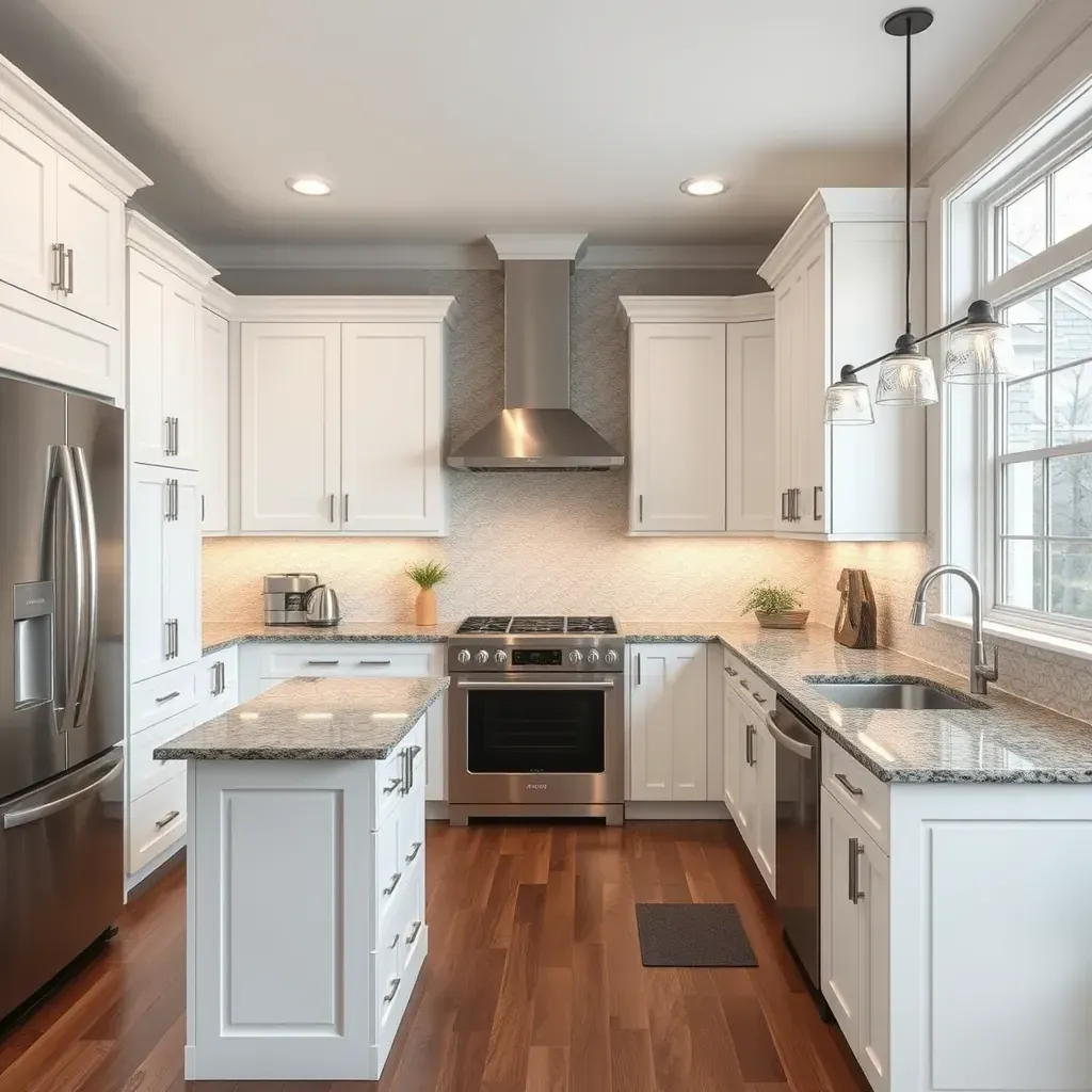 Modern Lakeside, VA kitchen featuring quartz countertops, custom wood cabinetry, stainless steel appliances, and lakeside views.