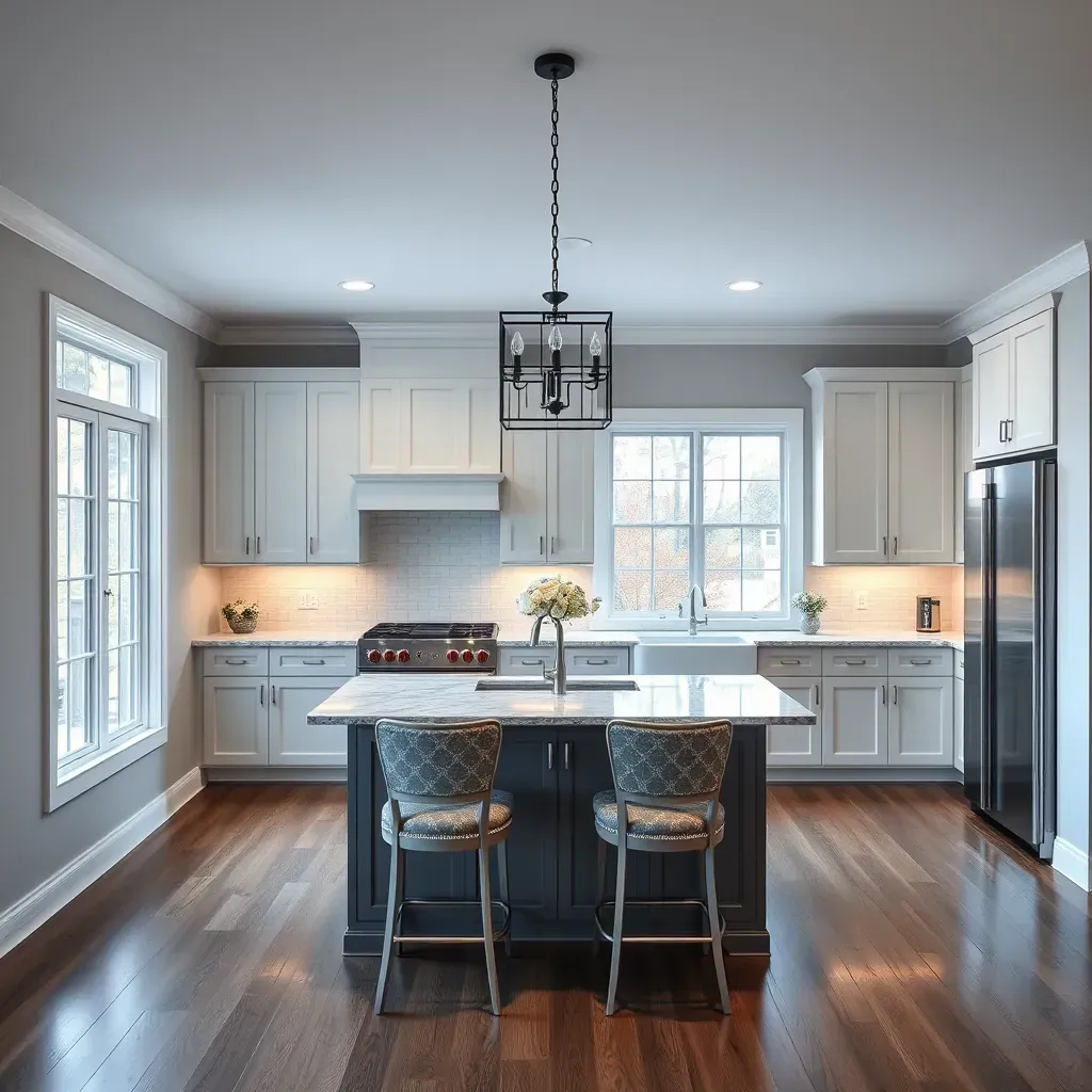 Remodeling in Wilkinson Terrace, VA, showing a modern kitchen renovation with new cabinets, countertops, and lighting.