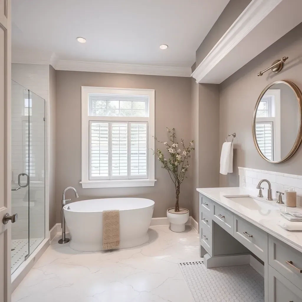 Modern bathroom with walk-in glass shower, soaking tub near window, marble double vanity, subway tile walls, and elegant lighting.