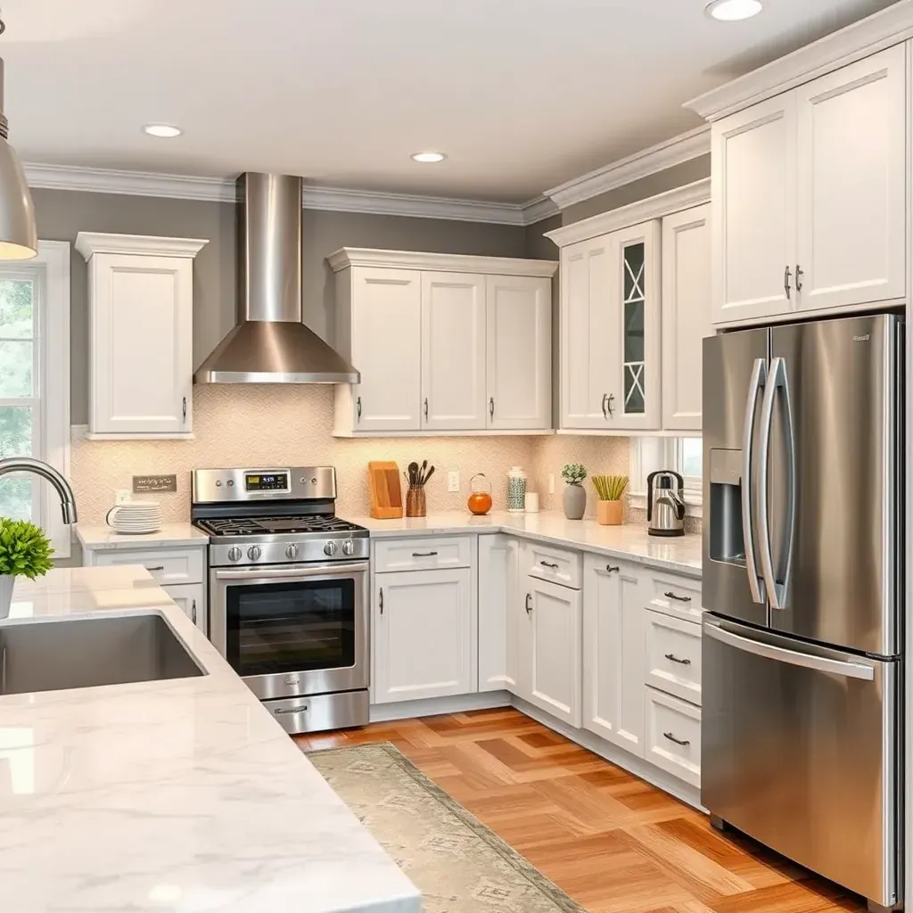 Modern Tuckahoe Village kitchen with sleek cabinets, quartz countertops, stainless appliances, marble island, and hardwood floors.