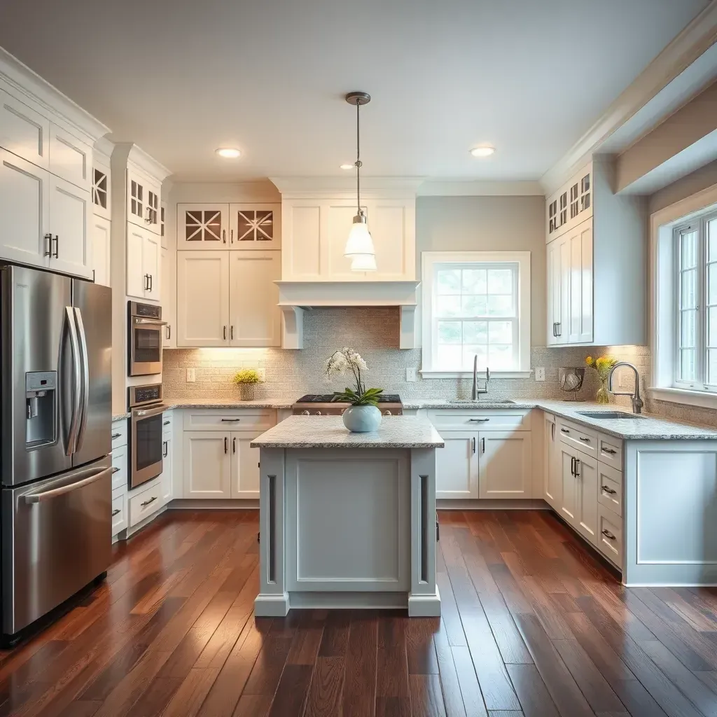 Remodeled North Chesterfield kitchen with modern matte cabinets, granite countertops, stainless appliances, island, and natural light.