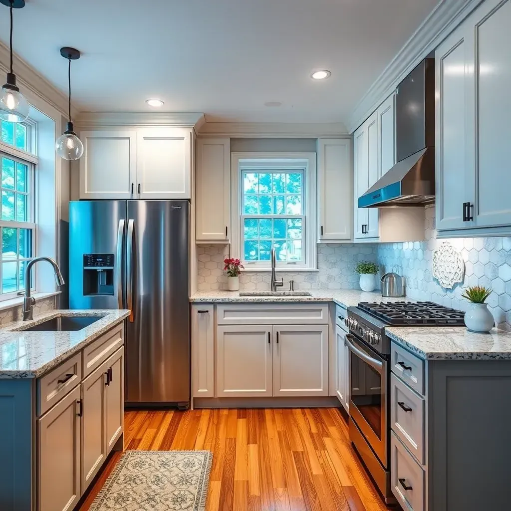 Modern Midlothian, VA kitchen with dark wood cabinets, quartz countertops, large island, stainless steel appliances, hardwood floors.