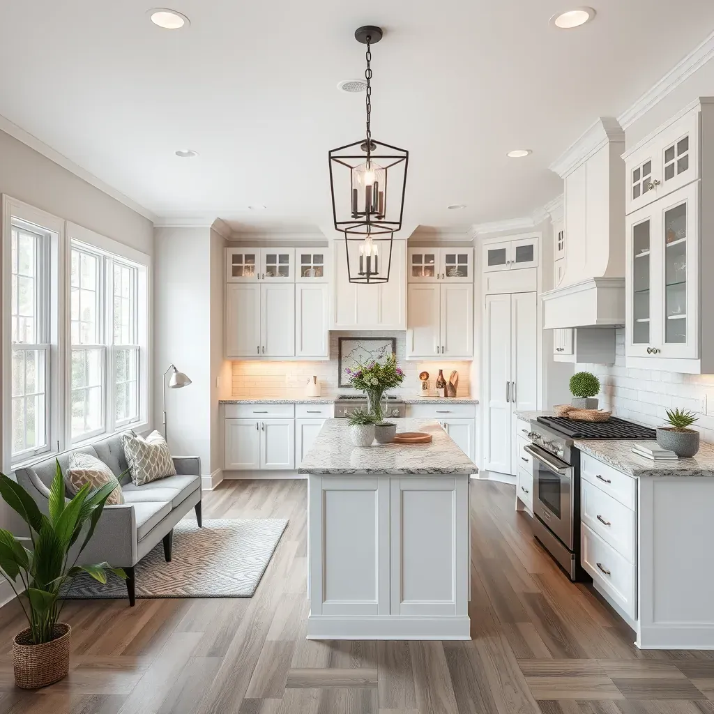 Detailed home remodeling scene in Tuckahoe, VA featuring workers renovating a living room with tools and new furniture.