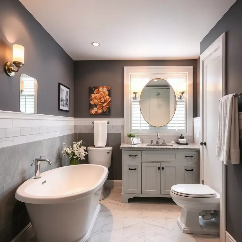 A modern Richmond, VA bathroom with a glass shower, soaking tub, double vanity, and natural light.