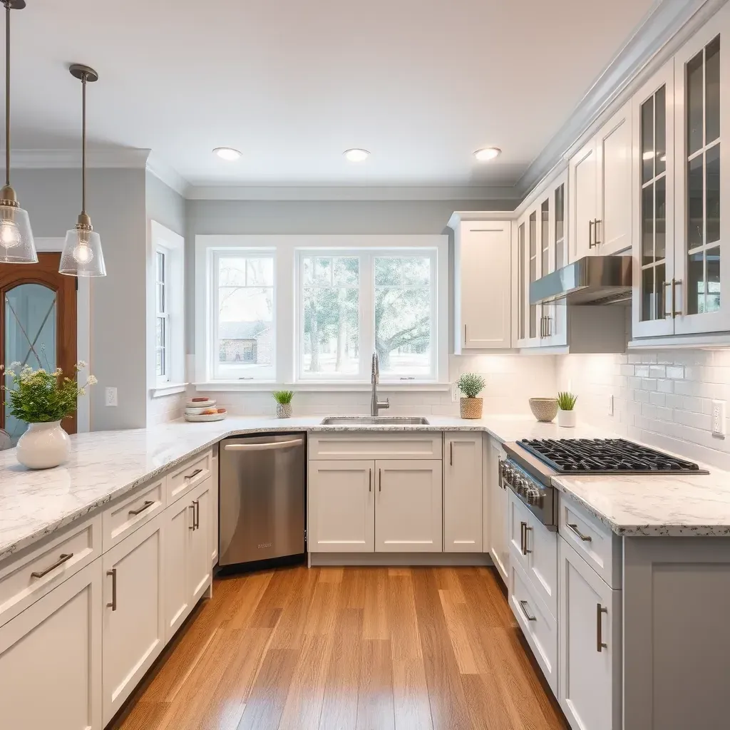 Modern kitchen in Glen Allen, VA with white cabinets, gray quartz countertops, a large island, subway tile backsplash, stainless steel appliances, hardwood floors, and natural light.