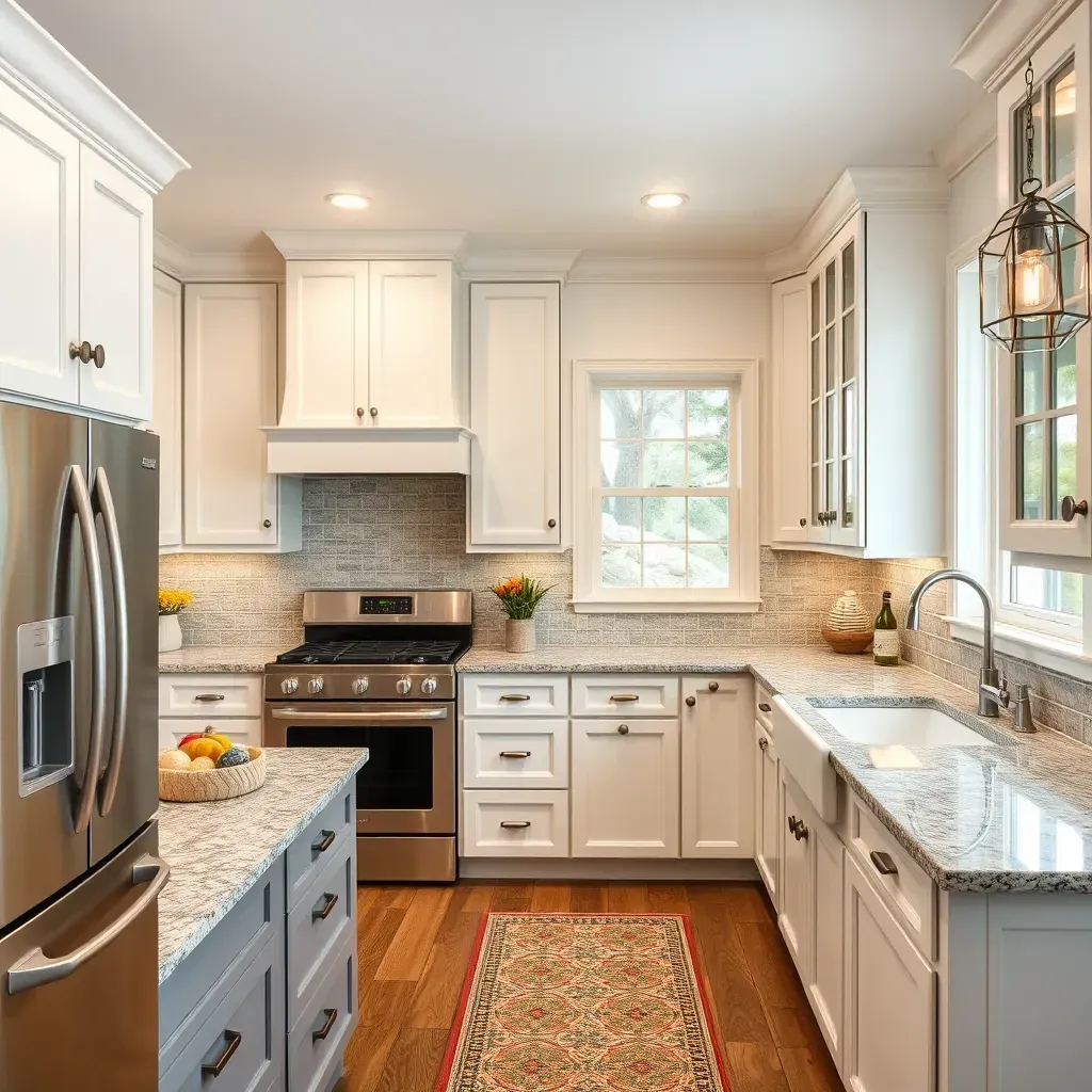 Remodeled Magnolia Green, VA kitchen with modern gray cabinets, marble island, stainless steel appliances, and natural light.
