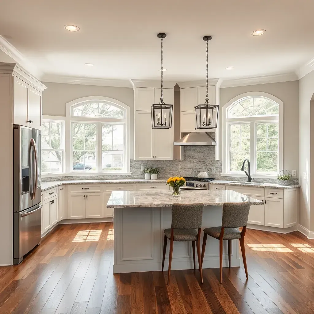 A detailed home remodeling scene in Mooreland Farms, VA showcasing renovation tools, new fixtures, and construction workers.