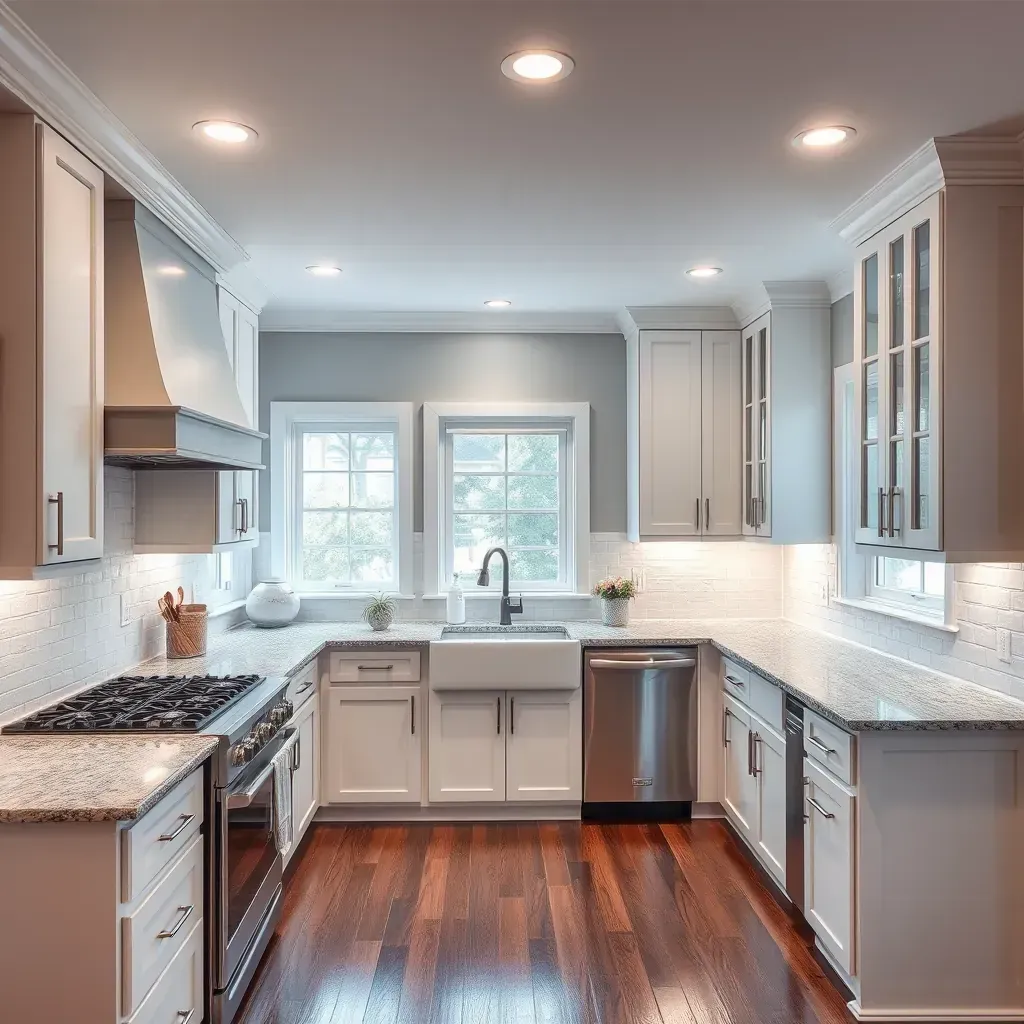 Modern Richmond-inspired kitchen with white quartz countertops, navy cabinetry, white subway tile, hardwood floors, and elegant decor.