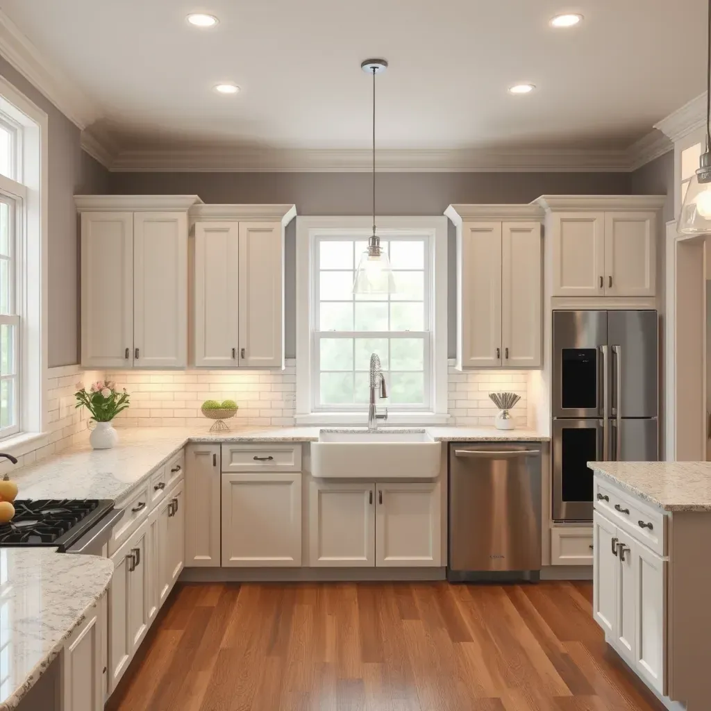 Remodeling scene in Chester, VA: modern craftsman home with new siding, landscaped yard, construction tools, and bright sunny sky.