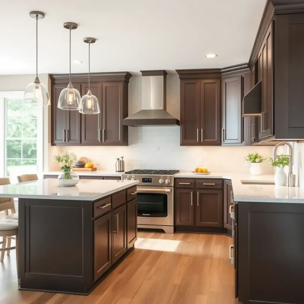 Modern kitchen in The Grove, VA with white quartz countertops, maple cabinets, stainless appliances, and lush natural light.