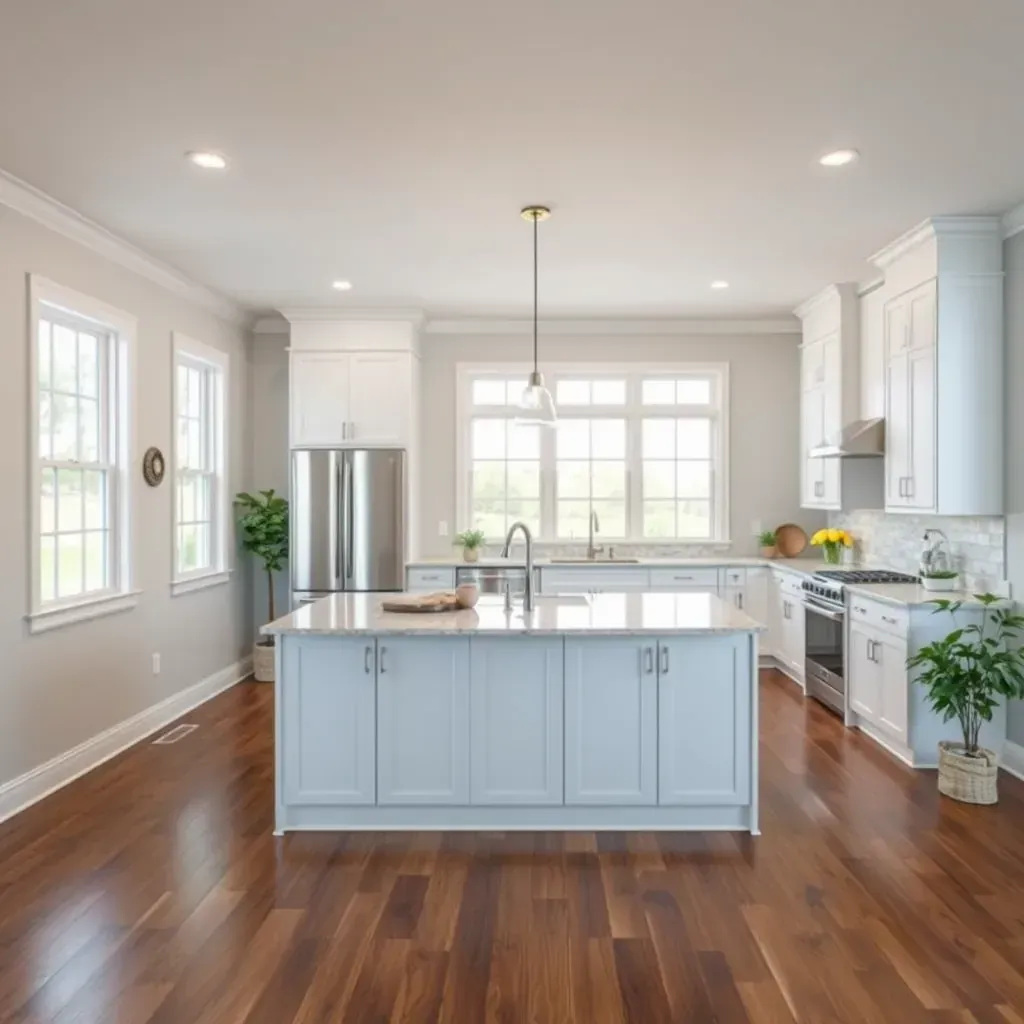 Remodeling a modern kitchen in Mooreland Farms, VA, with exposed beams, granite countertops, tools, and new windows.