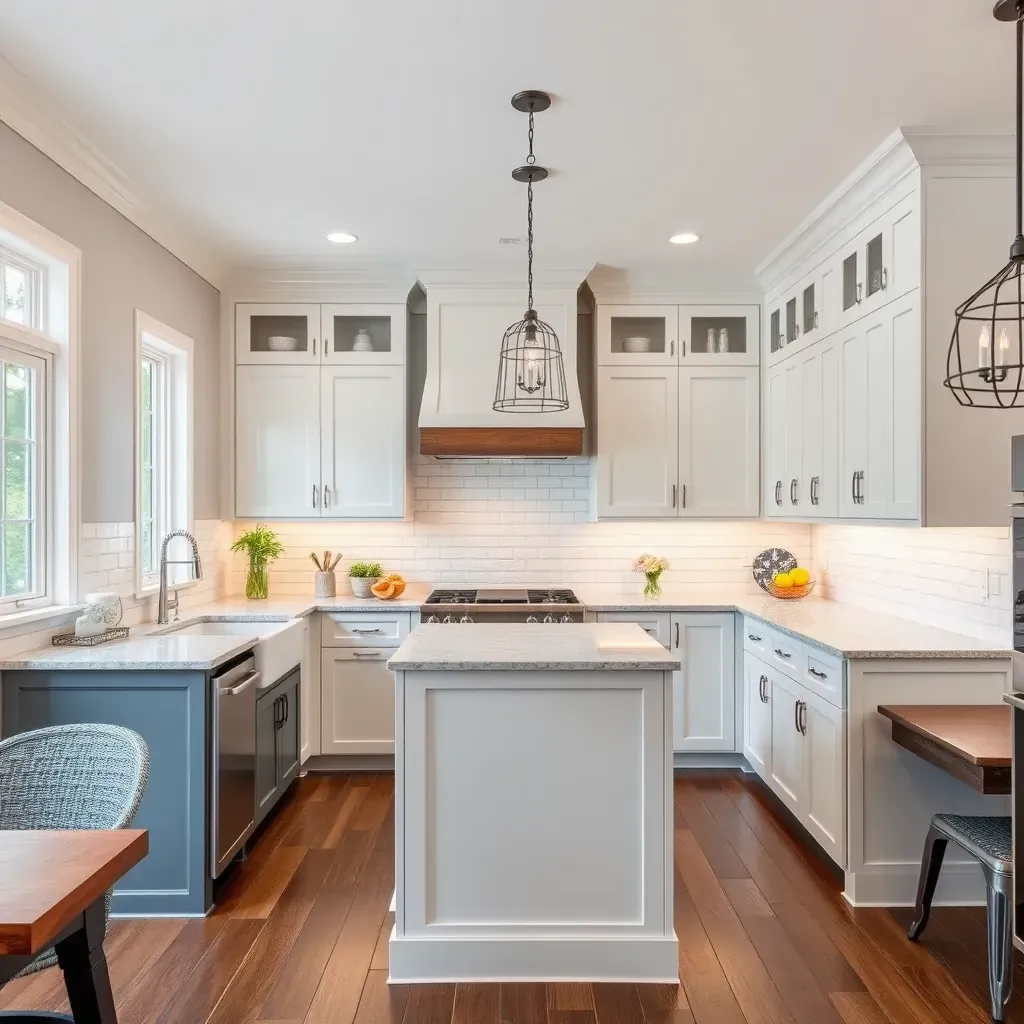 Remodeled Magnolia Green, VA kitchen with white quartz countertops, hardwood flooring, shaker cabinets, island, and natural light.