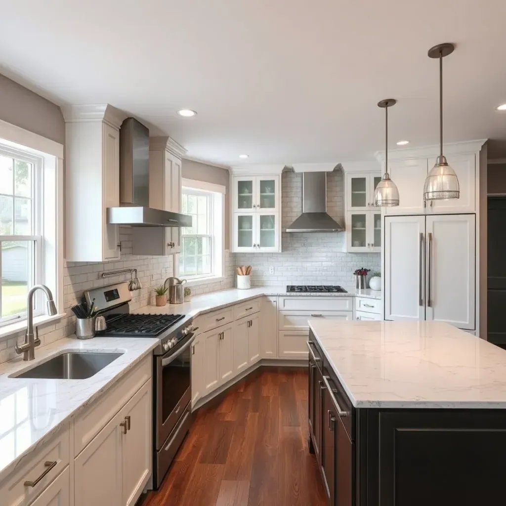 Spacious Tarrington kitchen with neutral cabinets, quartz countertops, stainless steel appliances, and a herringbone hardwood floor.