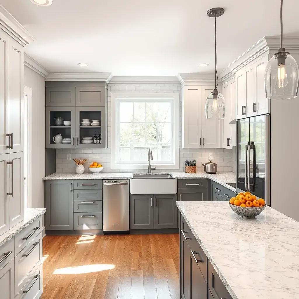 Modern kitchen in Chamberlayne, VA with quartz countertops, sleek cabinetry, island, stainless appliances, hardwood floors.