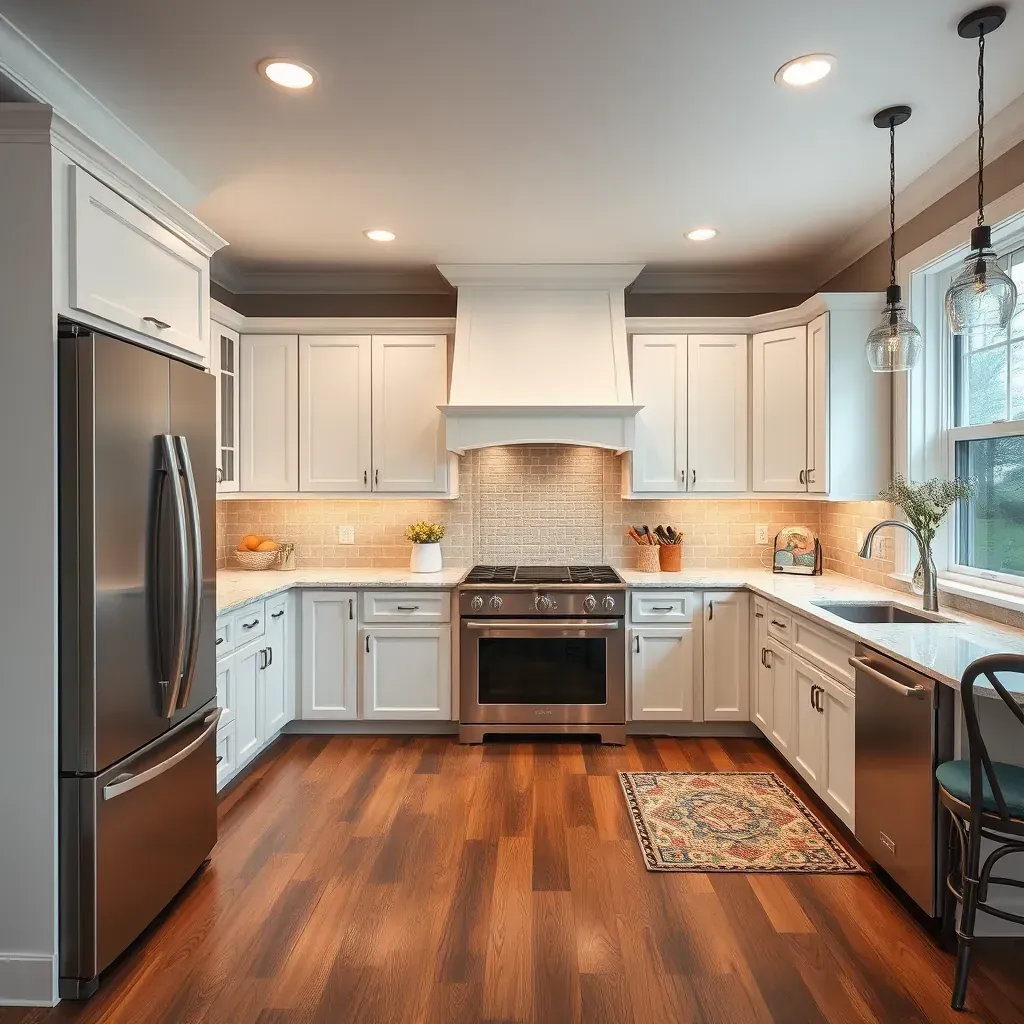Modern farmhouse kitchen in Tuckahoe Village, VA with quartz countertops, white cabinetry, wood breakfast bar, and stainless steel appliances.