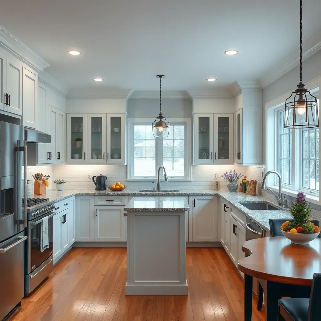 Realistic winter-themed kitchen in Winterpock, VA, featuring granite countertops, modern cabinets, stainless steel appliances, and snow visible outside.