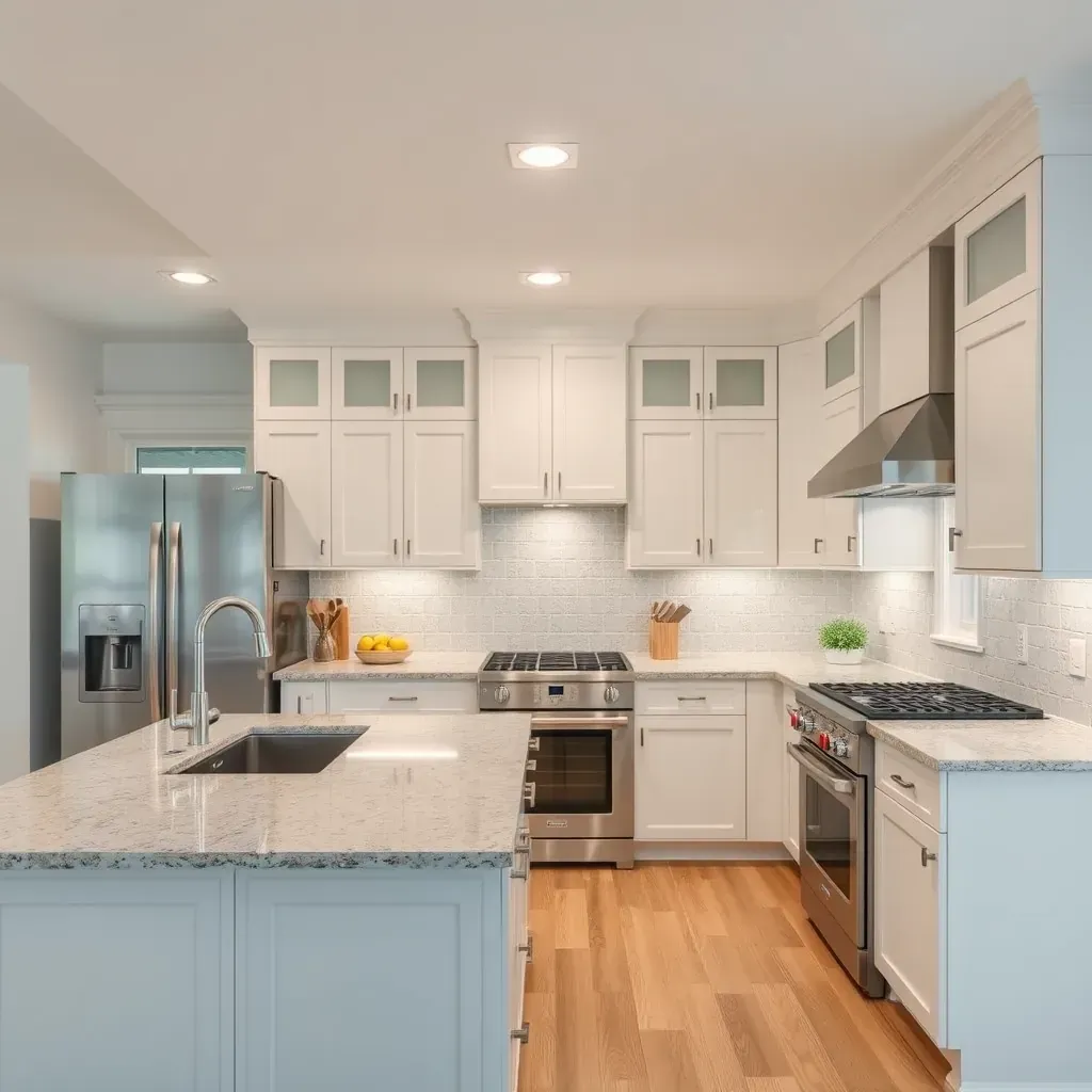 Modern Tuckahoe kitchen with stainless steel appliances, quartz countertops, wood cabinets, island, natural light, hardwood floors.