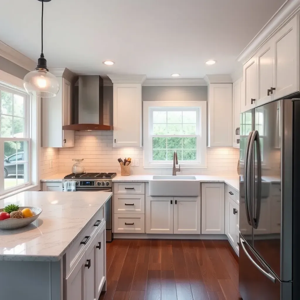 Bright modern kitchen in Varina, VA with white quartz countertops, gray shaker cabinets, stainless steel appliances, hardwood floors, and natural light.