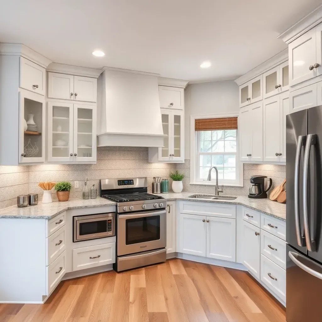 Modern Lakeside kitchen with quartz countertops, shaker cabinets, dark wood island, stainless appliances, and leafy views.