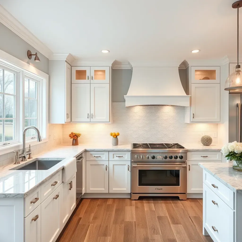 Modern Westchester, VA kitchen with sleek white cabinets, quartz countertops, a large island, stainless appliances, and hardwood floors.