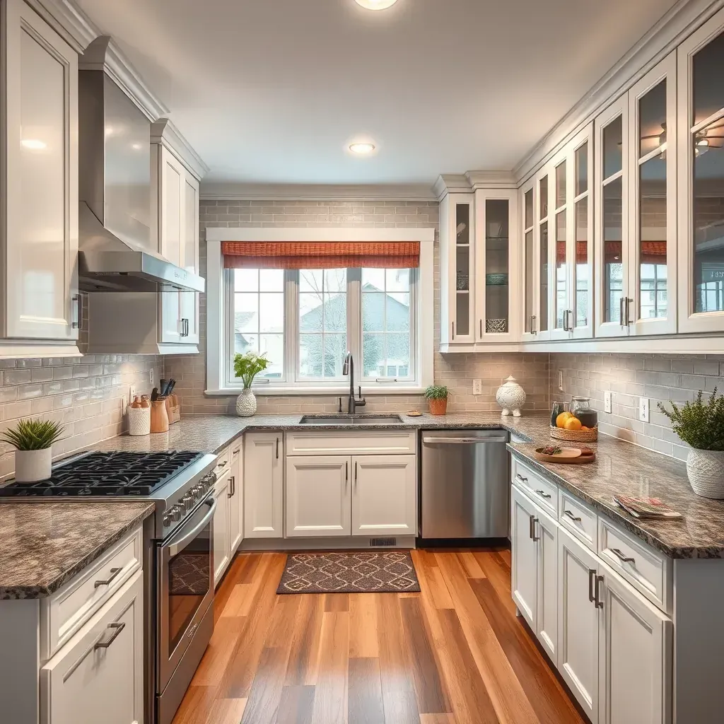 Modern Chesterfield, VA kitchen with taupe cabinetry, quartz countertops, stainless appliances, and hardwood floors.