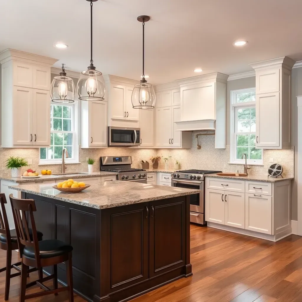 Modern kitchen in Varina, VA with white quartz counters, gray cabinets, stainless appliances, and natural light.