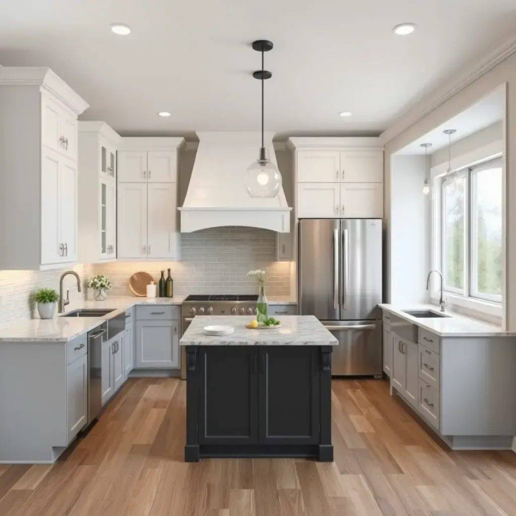 Modern Tuckahoe, VA kitchen with quartz counters, oak cabinets, marble island, stainless appliances, & bright natural light.