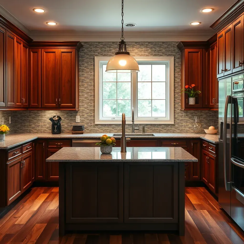 Modern kitchen in The Grove, VA with white cabinets, quartz countertops, stainless steel appliances, and sunny backyard views.