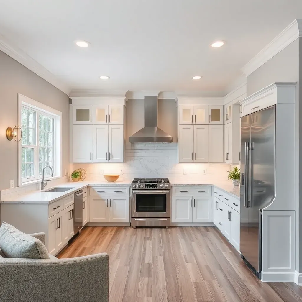 Detailed home remodeling scene in Meadowbrook, VA, showing construction workers and new stylish interiors.