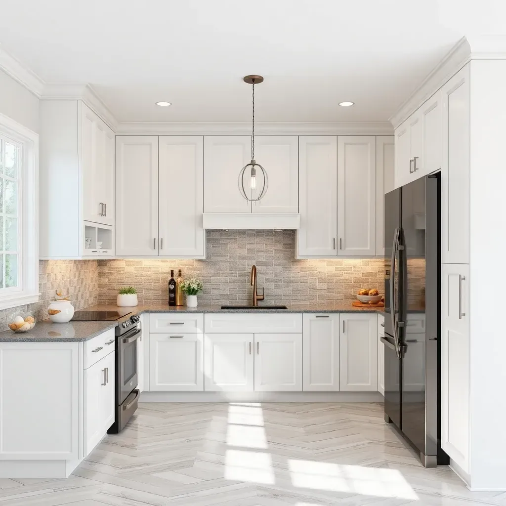 Modern North Chesterfield kitchen with white cabinetry, gray quartz island, stainless appliances, hardwood floors, and natural light.