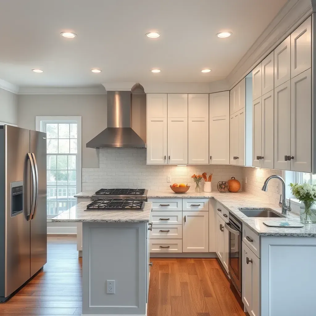 Spacious modern Charter Colony kitchen with quartz countertops, warm wood cabinets, stainless appliances, and large windows.