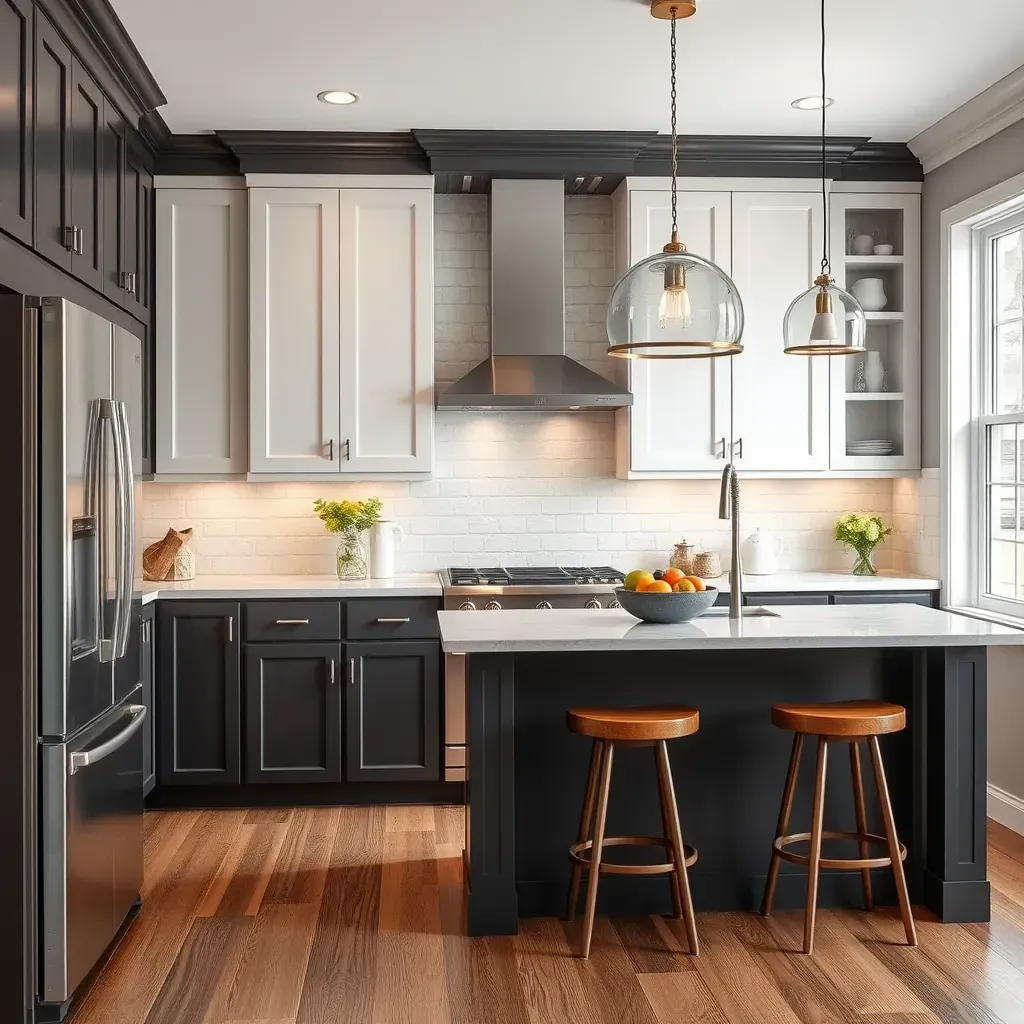 Modern kitchen in The Fan District, VA with sleek cabinetry, quartz counters, large windows, and stylish lighting.