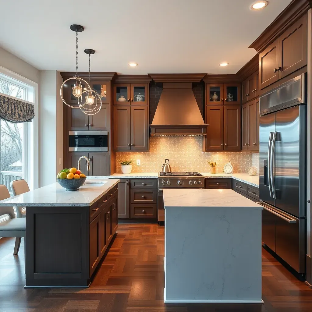 Modern kitchen in Stratford Hills, VA with wood and black cabinetry, quartz countertops, stainless steel appliances, and natural light.