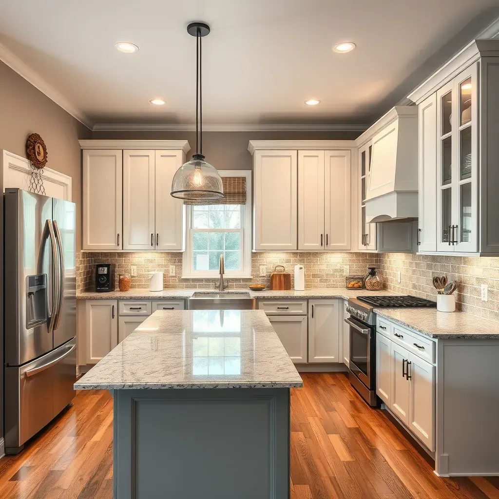 Modern Glen Allen, VA kitchen with natural wood cabinets, quartz countertops, stainless steel appliances, and abundant natural light.