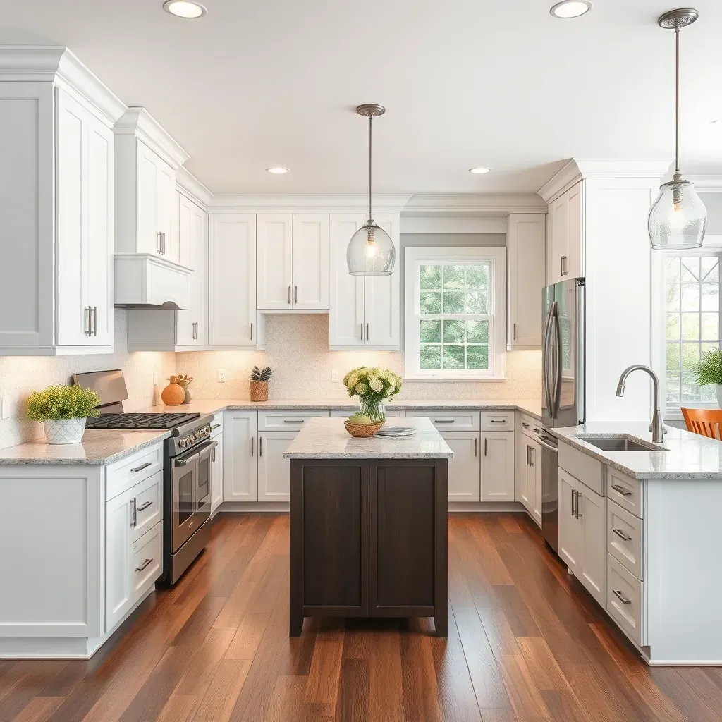 Modern Richmond, VA kitchen featuring white quartz countertops, navy blue cabinets, stainless steel appliances, and natural light.