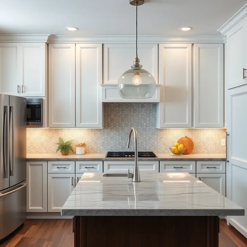 Modern Mechanicsville, VA kitchen with sleek cabinets, quartz countertops, stainless appliances, and stylish lighting.