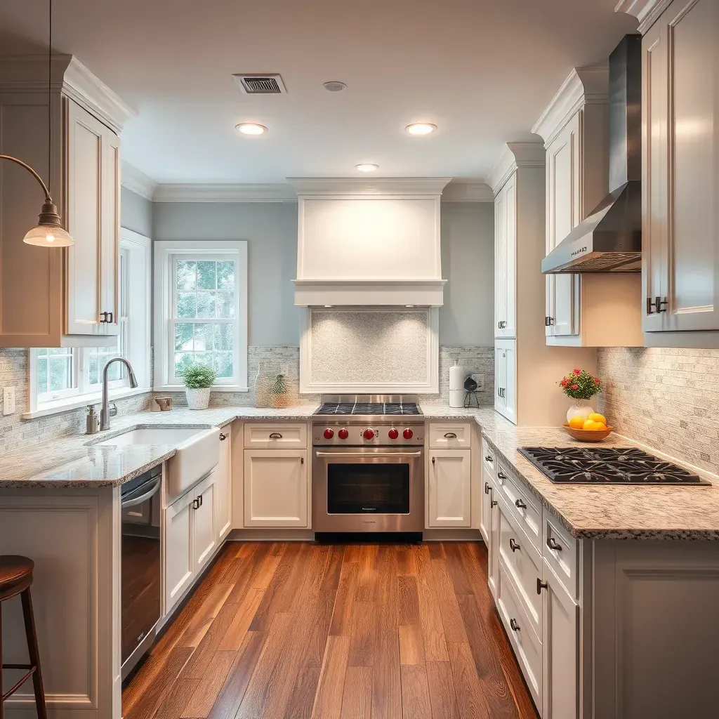 Modern Henrico kitchen with sleek white cabinets, granite countertops, stainless steel appliances, and warm hardwood floors.