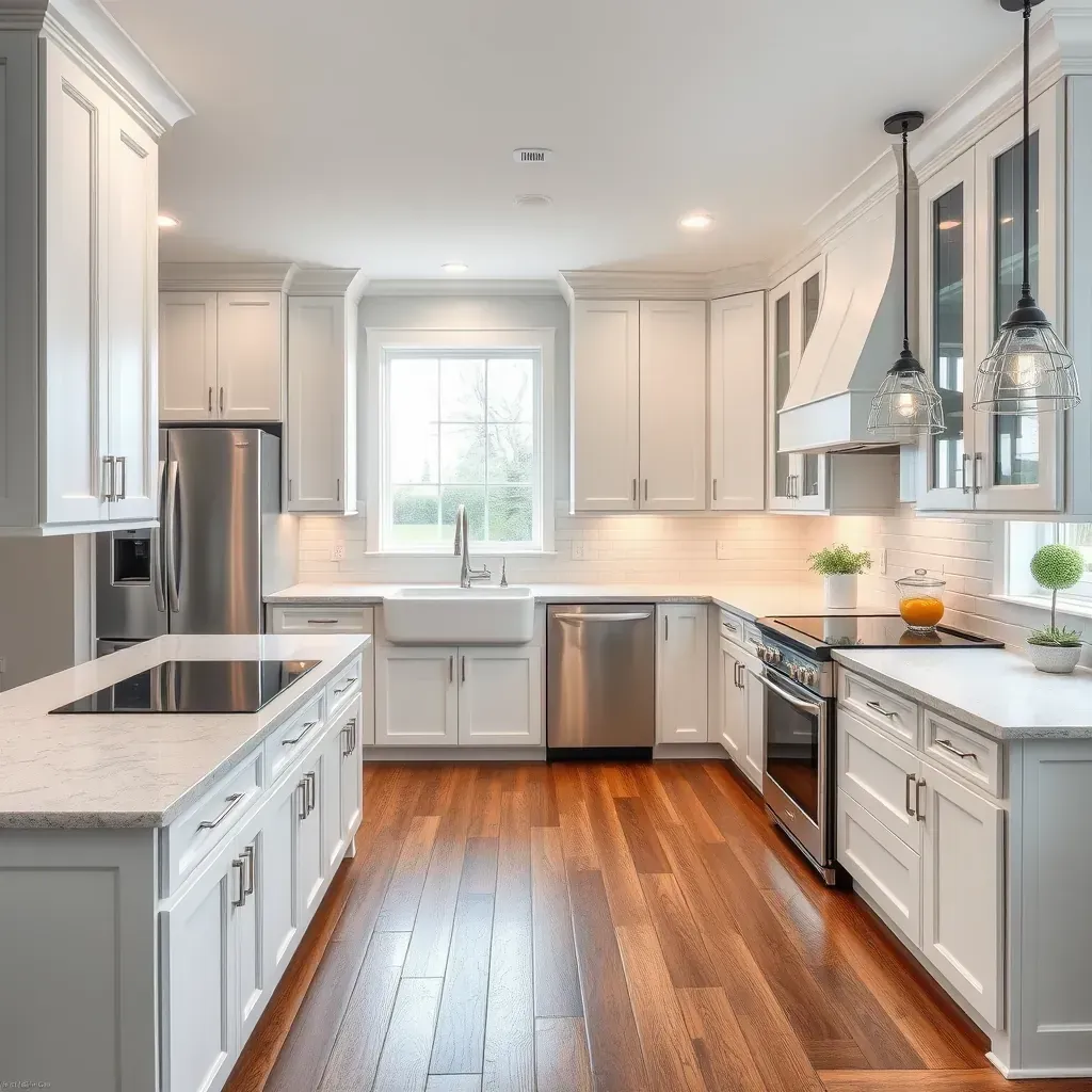 Modern South Richmond kitchen with gray cabinetry, quartz countertops, stainless appliances, and lush garden views.