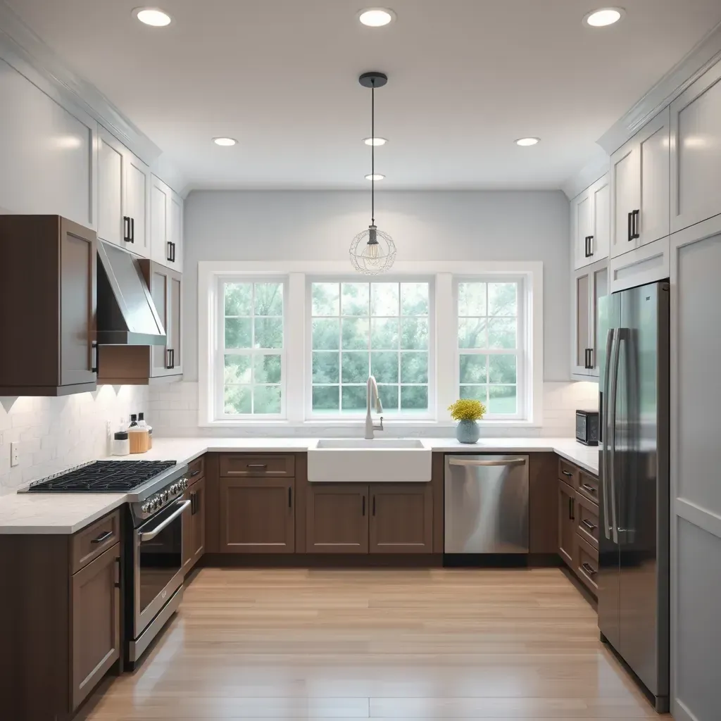 Modern kitchen in Windsor Hills, VA with sleek cabinets, granite countertops, stainless steel appliances, and bright lighting.