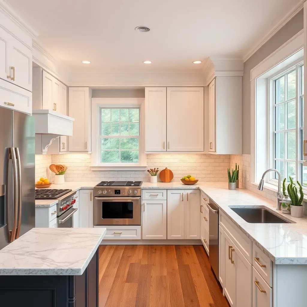 Modern kitchen in Richmond, VA with warm wood cabinets, stainless steel appliances, quartz countertops, island, and natural light.