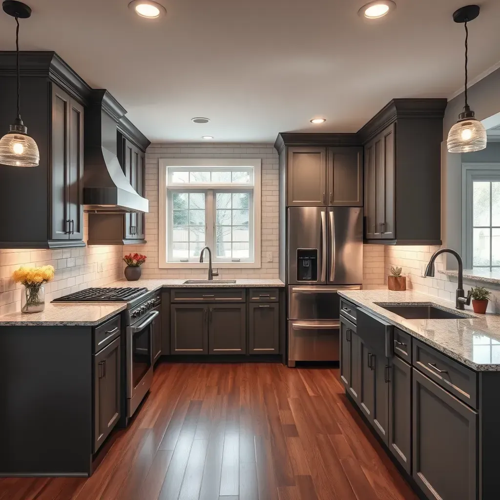 Modern Bensley, VA kitchen with quartz counters, stainless steel appliances, marble island, subway tile backsplash, and warm hardwood floors.